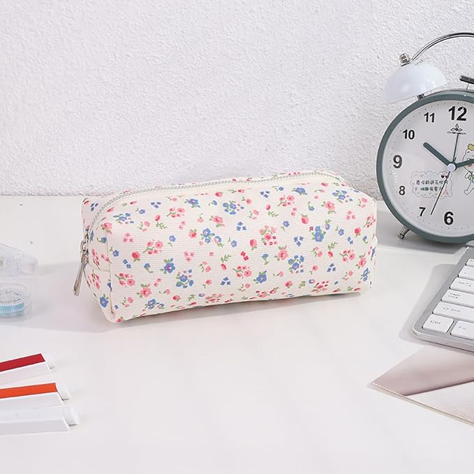 Corduroy Pencil Case for Girls Kids Large Capacity Aesthetic Pen Pouch Makeup Bag Cosmetic Organizer Cute Stationery Storage Bag for School Office Travel Minimalist Pencil Box (Floral-G)