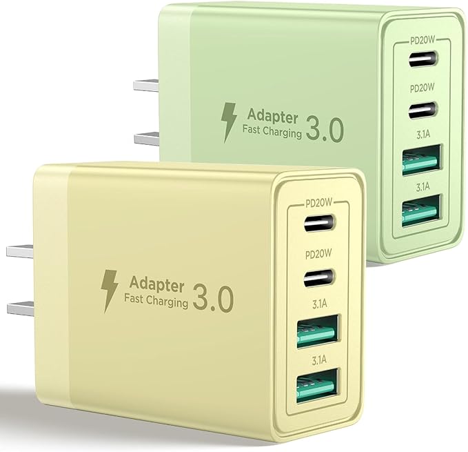 [2-Pack] USB C Charger Block, 4 in 1 iPhone Charger, PD 3.0 40W Charging Blocks, QC 2A USB Wall Charger for iPhone 17 16 15 14 13 12 Pro Max, iPad