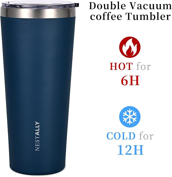 NESTALLY Coast 20oz Stainless Steel Tumbler, Extra Capacity Holds Up to 22oz, Double Wall Vacuum Insulated Travel Coffee Mug with Lid & Metal Straw, Leakproof Reusable Cup for Travel (Navy Blue)
