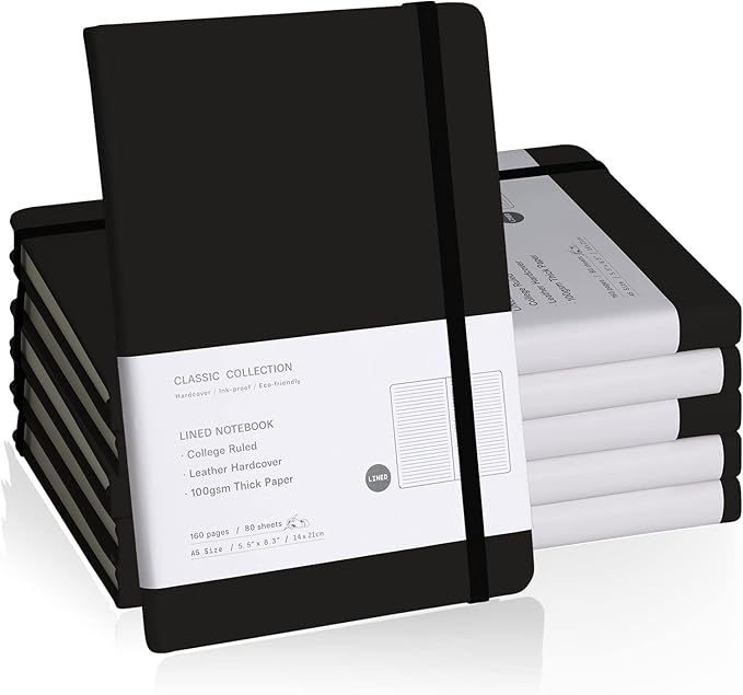 Lined Journal Notebook, 6Pack Hardcover Notebook for Men & Women – Journals for Writing, Work, School, Home & Daily Notes, 160 Pages – Medium A5, 5.7"x8", 100 gsm Thick Paper (Black)