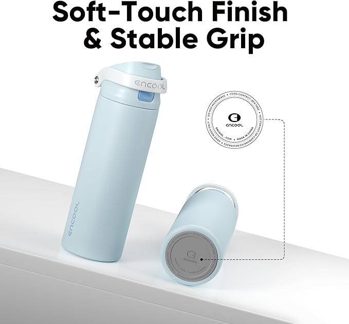 ENCOOL Leakproof Insulated Water Bottle with Straw Dual-Sip Water Bottle Bag-Safe Design for Work, Commute & Gym – Keeps Drinks Cold All Day, 24 oz, Frost Blue