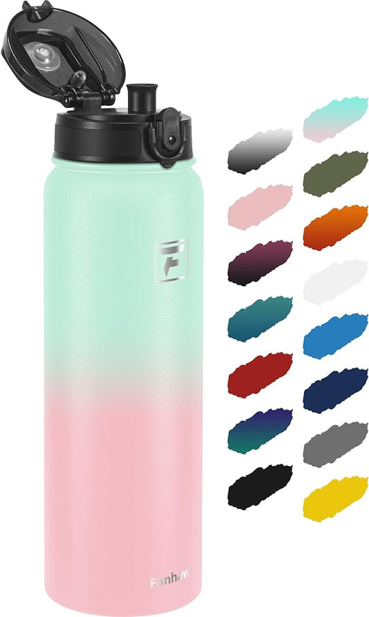 Fanhaw 40 oz Insulated Stainless Steel Water Bottle with Chug Lid, Leakproof & Sweat-Free Extra-Large Metal Bottle for Outdoor, Hiking & Gym (Green Pink)
