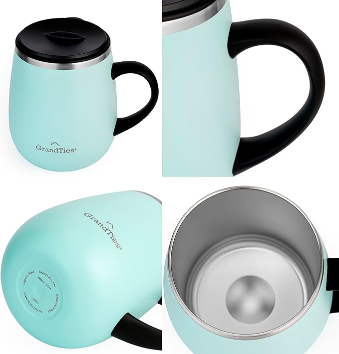 GRANDTIES Insulated Coffee Mug with Handle - Sliding Lid for Splash-Proof 16 oz Wine-Glass Shape Thermal Tumbler with Double Walled Vacuum Stainless Steel to Keeps Beverages Hot or Cold (Powder Green)