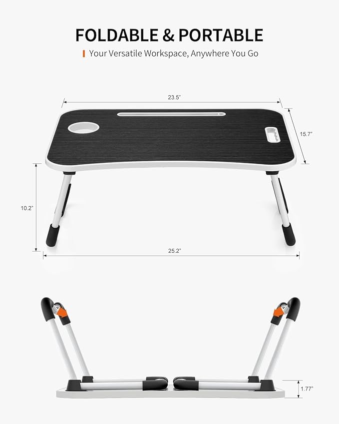 FISYOD Foldable Laptop Table, Portable Lap Desk Bed Table Tray, Laptop Stand with Cup Holder & Tablet Slot & Lifting Handle for Working Writing Drawing & Eating (Black)