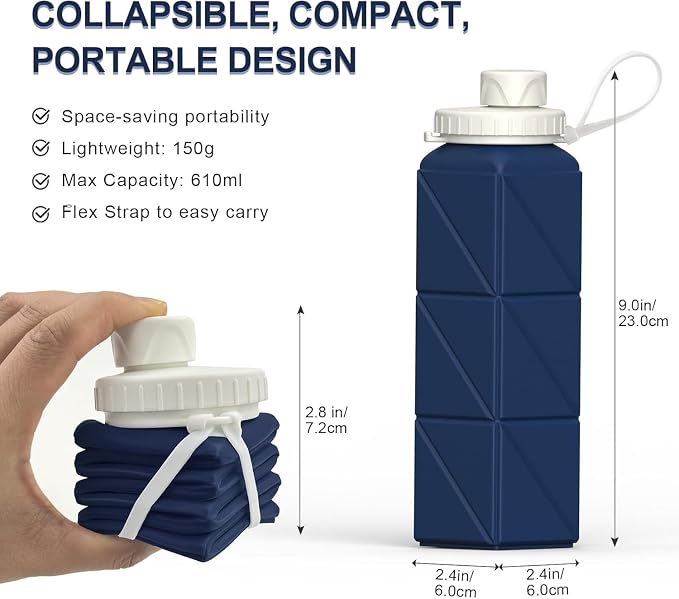 BEAUTAIL Collapsible Water Bottles 21oz/610mL, Silicone Travel Water Bottle | BPA Free, Leakproof & Reusable, Foldable Water Bottle for Traveling, Hiking, School, Sports, Outdoor, 2-Pack, Blue+DarkBlue