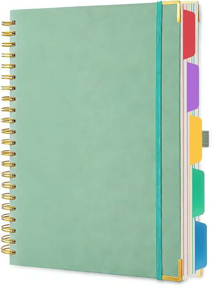VANRTTO Hardcover Spiral Notebook With Removable Divider Tabs, B5 Notebooks College Ruled, 110 GSM Thick Lined Paper 5 Subject Notebooks for Work, School, 300 Pages Journals for Writing Green B5DT