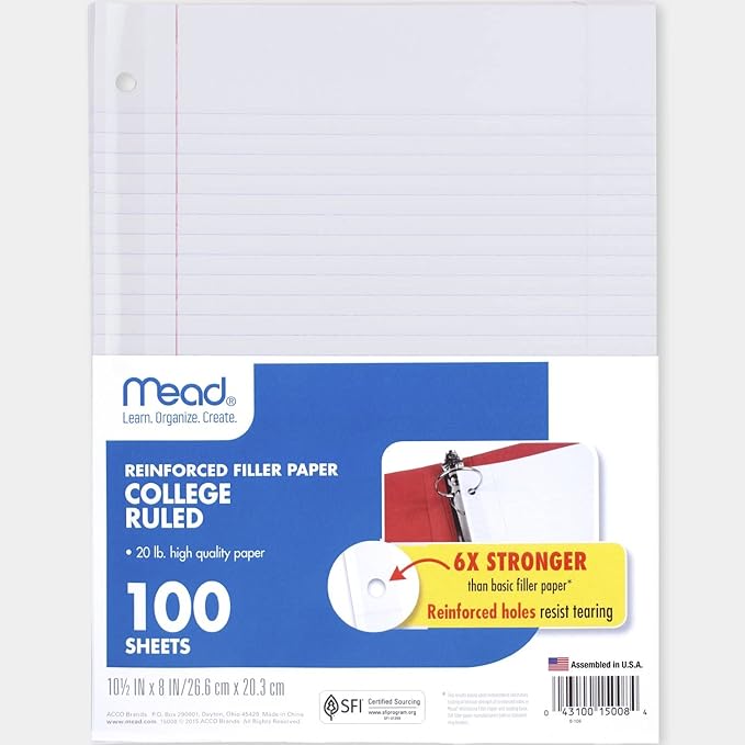Mead Loose Leaf Paper, 3 Pack, Notebook Paper, College Ruled Filler Paper, Reinforced, 8 x 10.5, 100 Sheets per Pack (38037)