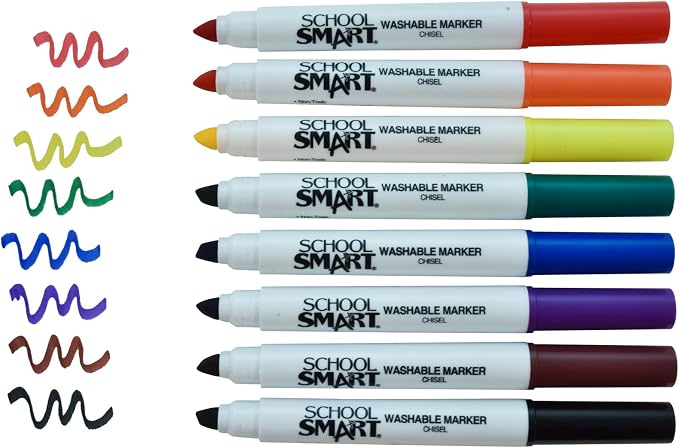 School Smart Chisel Tip Washable Markers for School, Home, and More, Assorted Colors, Pack of 8