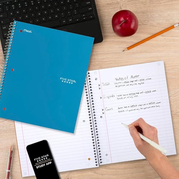 Five Star Spiral Notebook + Study App, 1 Subject, Wide Ruled Paper, 8" x 10-1/2", 100 Sheets, Fights Ink Bleed, Water Resistant Cover, Tidewater Blue (72875)