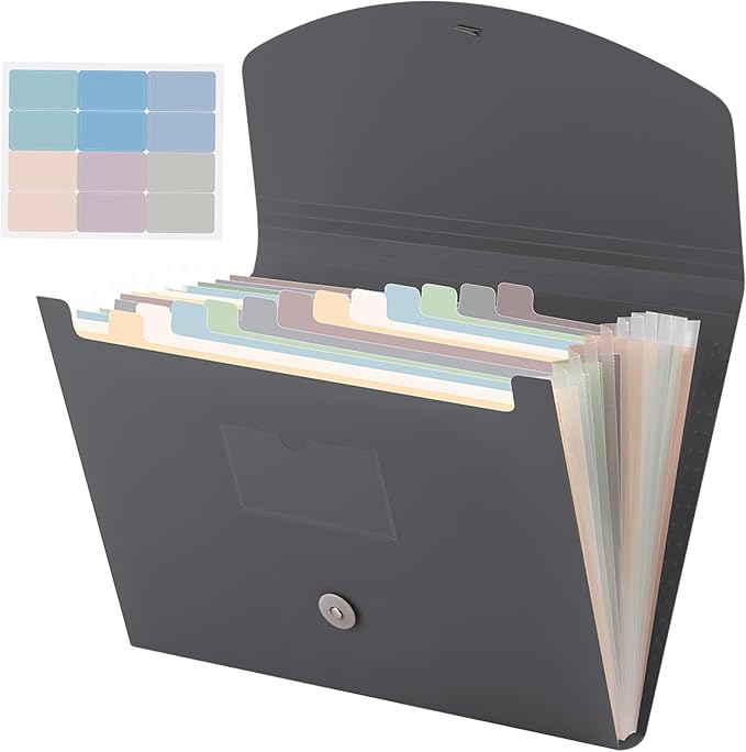 Cholemy Expanding File Folder 13 Pockets File Organizer with Labels A4 Letter Size Receipt Document Organizer Plastic Expandable Filing Folders for Office, Home(Gray)