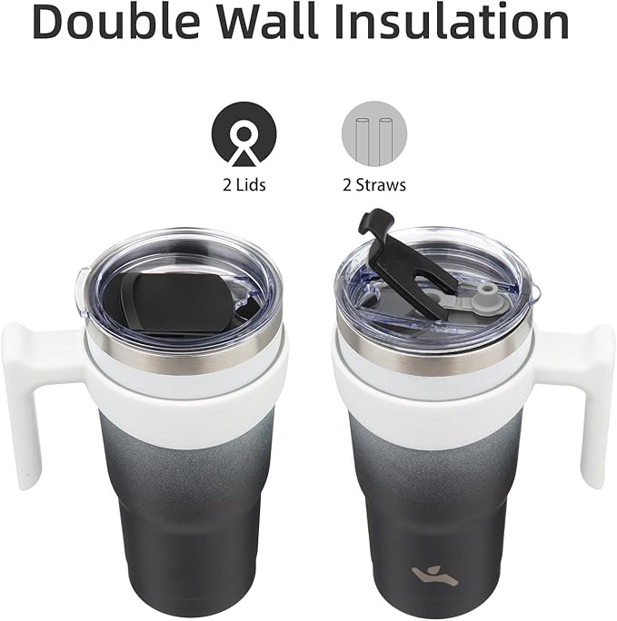 Konokyo 20 oz Tumbler with Handle and 2 Straw 2 Lid, Insulated Water Bottle Stainless Steel Vacuum Cup Reusable Travel Mug,Day Night