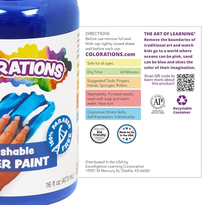 Colorations Washable Finger Paint for Kids, Each 16 fl oz, 4 Colors, Non-Toxic Paint, Kids Finger Paint,Sensory Finger Paint, Kids Paint, Hand Painting, Kids Fingerpaint, Finger Paint for Toddlers