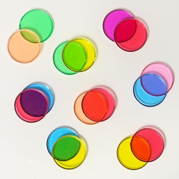 LEARNING ADVANTAGE Transparent Plastic Counters | Steel-Ringed | Set of 50 | Assorted Colors | Great for Kindergarten, Sensory Play and Light Panels