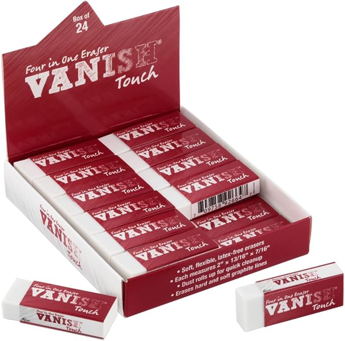 Acurit Vanish Touch Artist Eraser, Latex-Free, 24 Pack - Soft, Flexible Pencil Erasers, Sketching Supplies W/Protective Sleeve - Graphite, Charcoal, Pastel Compatible
