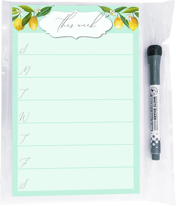 Dry Erase Weekly Calendar Planner Sticker Decal | Removable & Reusable | Magnetic Fine-Tip Marker Included (6 x 9 inches, Vintage Lemon)