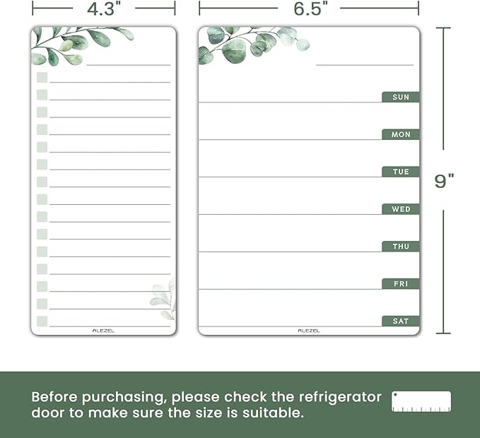 ALEZEL Weekly Calendar Whiteboard for Refrigerator, Magnetic Weekly Planner for Fridge - Set of Greenery Dry Erase Menu Board & 2 to Do List, 3 Markers + Eraser