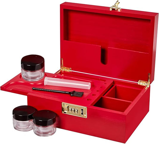Bamboo Wood Desktop Organizer with 3 Glass Jars and Sliding Tray - Red Multi-Compartment Storage Case for Craft Supplies, Stationery, and Small Accessories (Red)