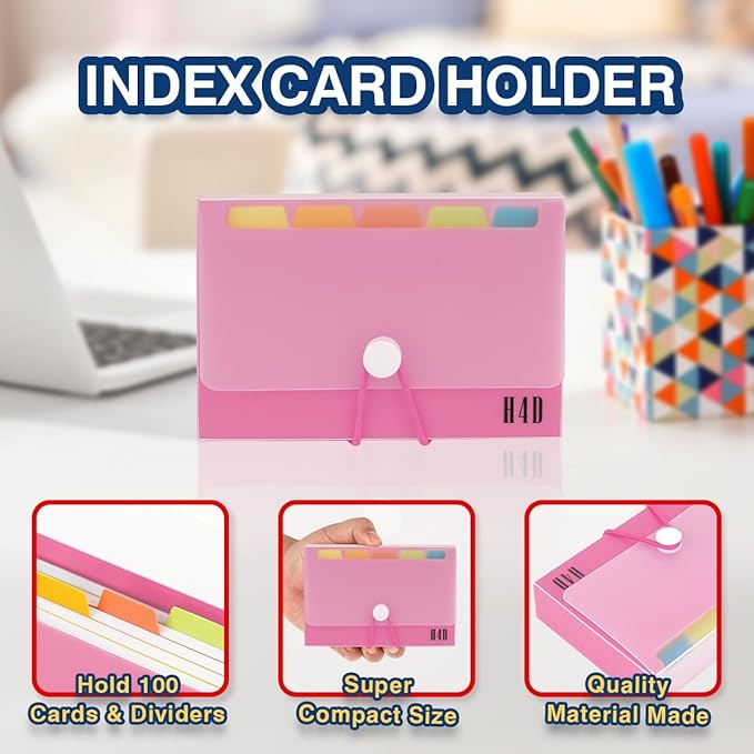 H4D 3x5 Index Card Case with 100 Heavyweight Ruled Index Cards and Dividers, Pink
