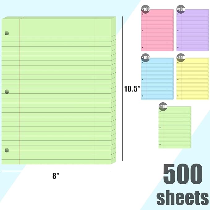 Koogel 500 Sheets Colored Filler Paper, 5 Colors 8 x 10-1/2 Inch Wide Ruled, 3-Hole Punched, Loose Leaf Notebook Paper for 3 Ring Binders, for Students & Office, School Supplies