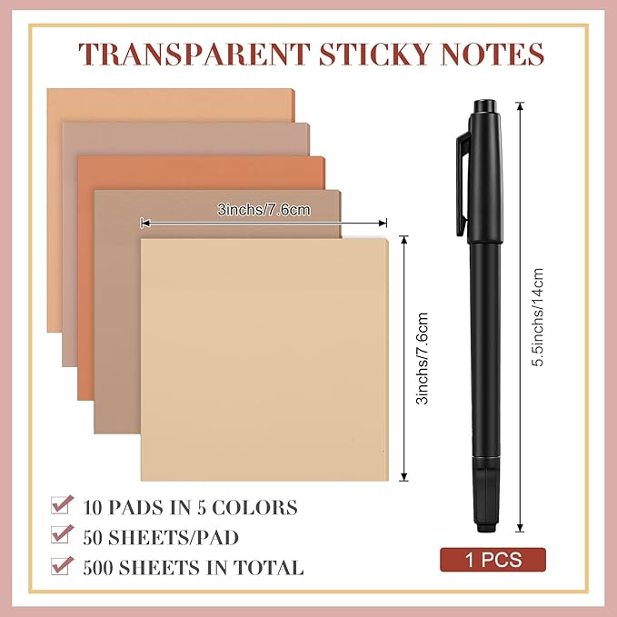 Marspark 500 Sheets Transparent Sticky Notes with Marker, 3x3 Inch See Through Sticky Notes, Self-Adhesive Translucent Clear Note Pads for Bible Journaling Memo Office School Supplies(Brown)