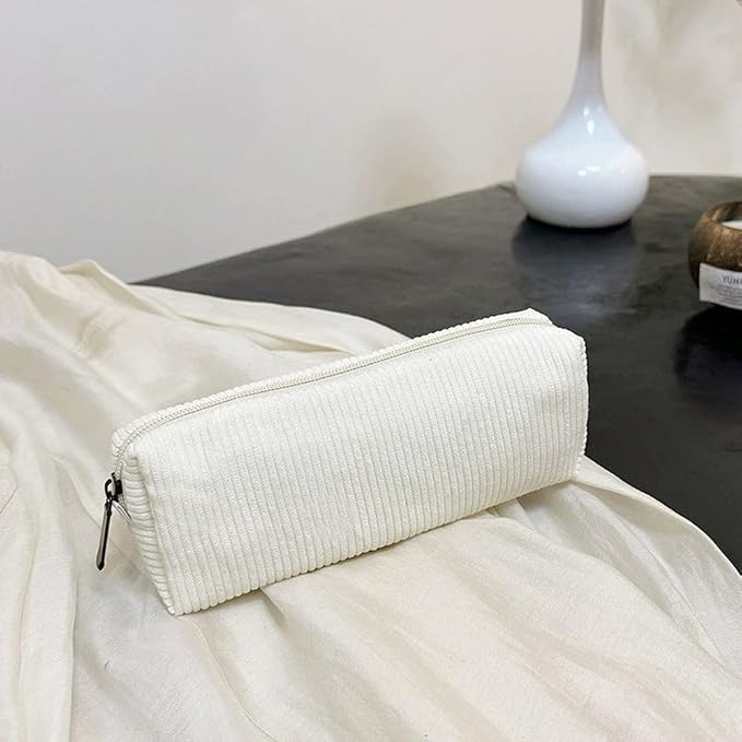 Corduroy Pencil Case for Girls Kids Large Capacity Aesthetic Pen Pouch Makeup Bag Cosmetic Organizer Cute Stationery Storage Bag for School Office Travel Minimalist Pencil Box (White)