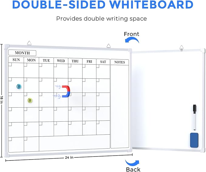MaxGear Monthly Calendar Dry Erase Board for Wall, 24"x18" Magnetic Double-Sided White Board, Hanging Whiteboard for Planning, Drawing, Memo, to Do List, School, Home, Kitchen, Office