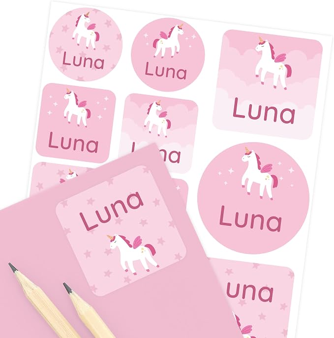 Camp Name Labels for Kids (33) – Custom Waterproof Stickers for Water Bottles, Lunch Boxes, Daycare & School with Unique Designs - Unicorn