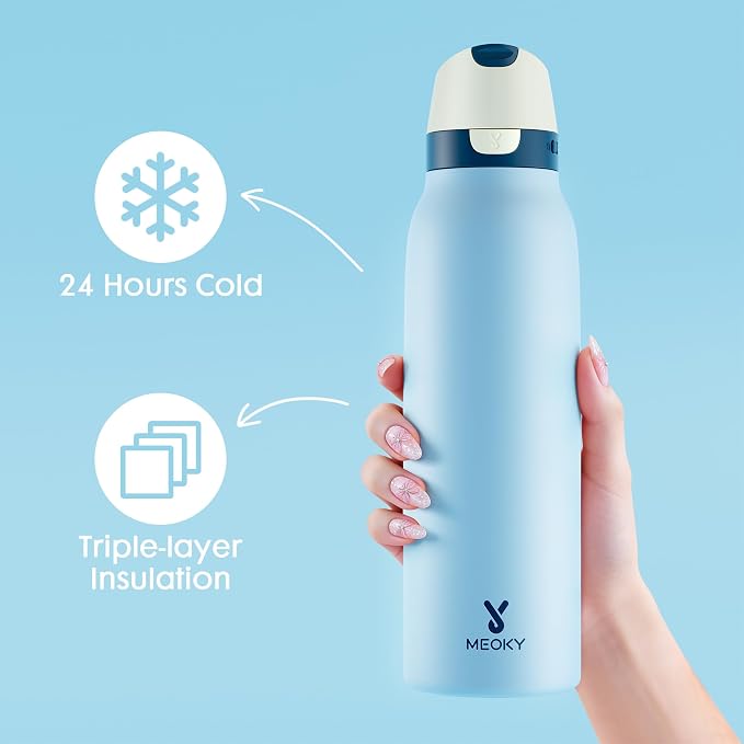 Meoky 24 oz Travel Water Bottle Insulated: 2-in-1 Locking Lid, Cove | Leak Proof, Straw and Spout, 24 Hours Cold, Top Handle, Fits in Car Cup Holder, Stainless Steel Slim Water Bottle for Hiking