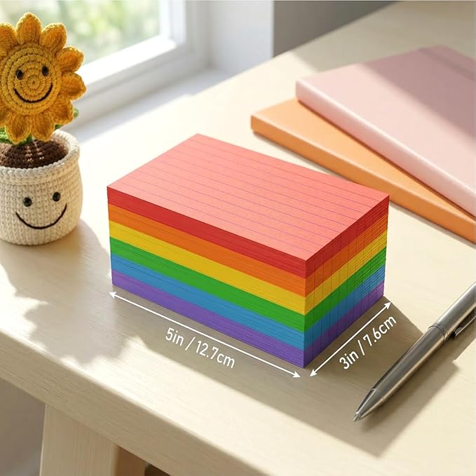 Colored Index Cards 3x5 Inches, 300 Count Neon Flash Cards with Ruled Lines, 6 Colors Portable Note Cards for School Study, College Office Home Organization, Durable To Do List Flashcards