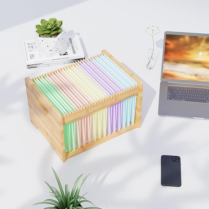 2 Pack Bamboo Hanging File Organizer, Office Desk File Organizer for Letter Size, Wood Hanging File Folders Organizer Record Holder Storage Stand Bookshelf Easy Assembly for Home, Natural
