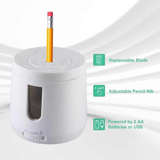 Bocyteopr Automatic Electric Pencil Sharpener, USB & Battery Operated, Adjustable Sharpening for Colored Pencils(6-8mm), for School/Classroom/Student(White)