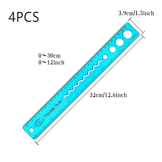KINBOM 4 Pcs 12 Inch Color Flexible Rulers, Soft Bendable Plastic Transparent Rulers, Shatterproof, Suitable for School, House and Office