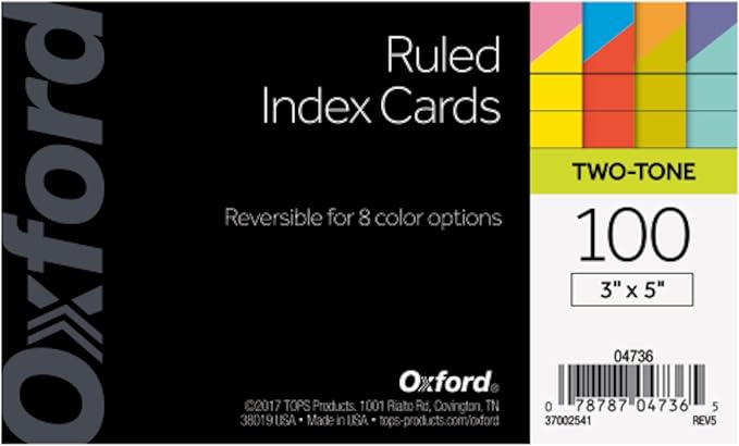 Oxford Extreme Index Cards, 3 x 5 Inches, Assorted Colors, 100 per pack (04736) (Pack of 2)