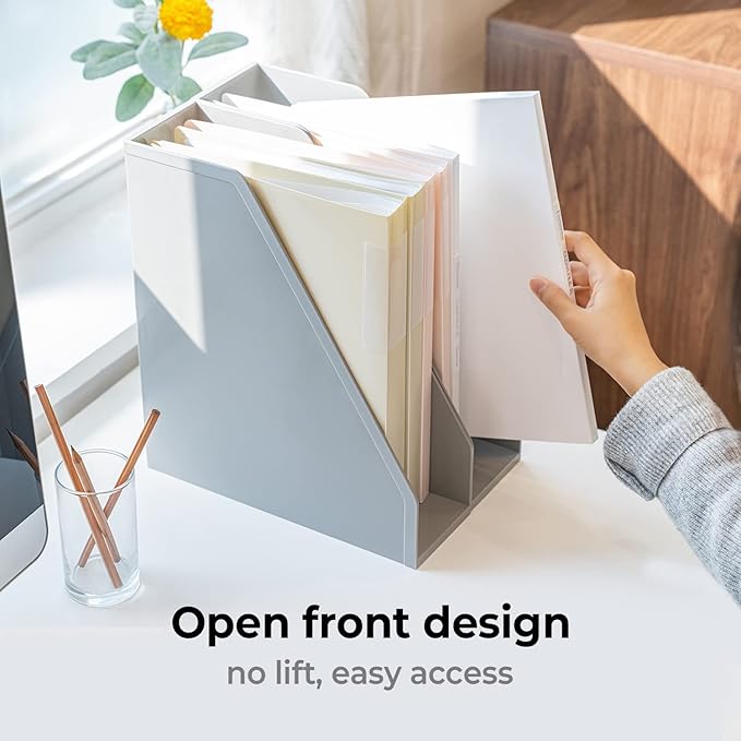 carrotez Open Front Magazine File Holder, Plastic Magazine Rack, Vertical File Organizers for Desk, Office Organization Essentials, 10.8" x 3.7" x 12.6" - 2 Pack, Grey