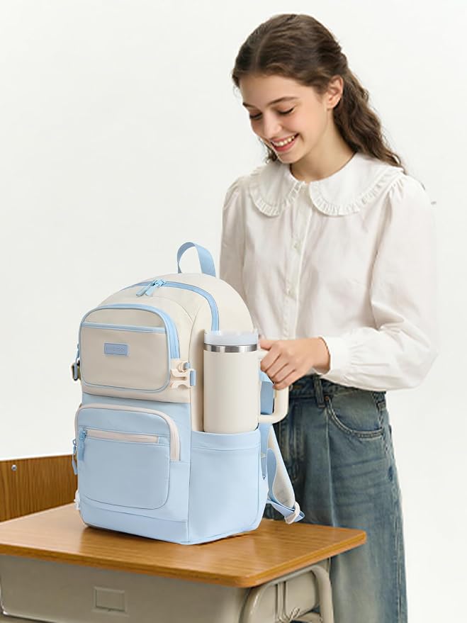 LOVEVOOK School Backpack for Teen Girls & College Students, Large Capacity Laptop Backpack with Water Bottle Holder, Lightweight Bookbag for School, Travel & Everyday Use, Beige-Light Blue