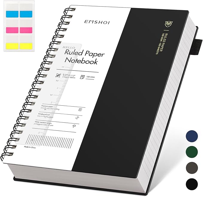 EMSHOI A4 College Ruled Spiral Notebook, Large 8.27"x11.2", Thick 300 Pages/150 Sheets, 100GSM Ink-Proof Waterproof PVC Cover Lay-Flat Lined Journal for Work Office School Writing, Black