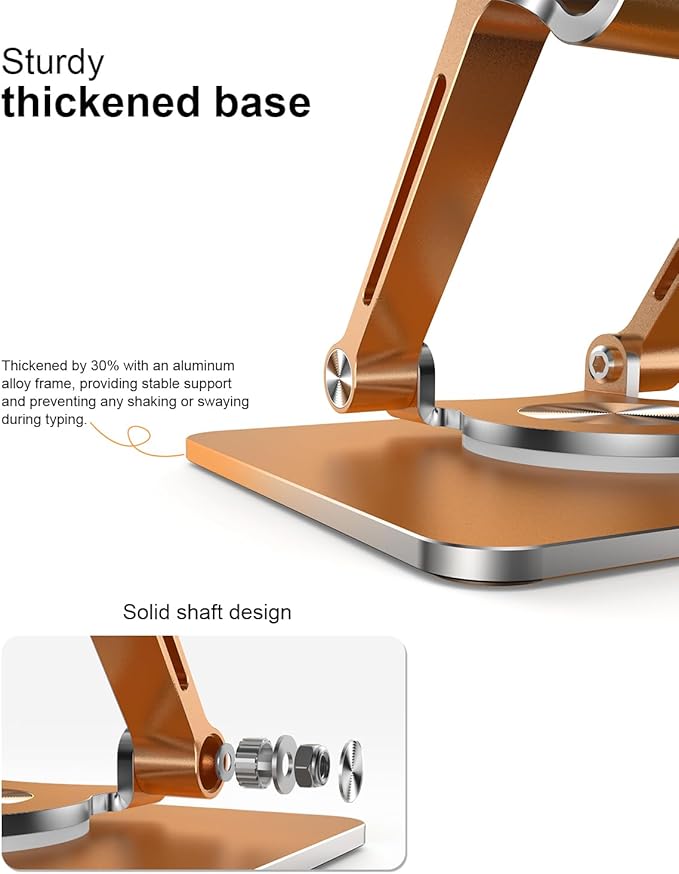 Orlian Tablet Stand Holder with Thickened 360°Rotating Base Dual Rod Adjustable Aluminum Stand for All 5.8-12.9” iPad Samsung Phone Tablet Kindle E-Reader and More, Rose