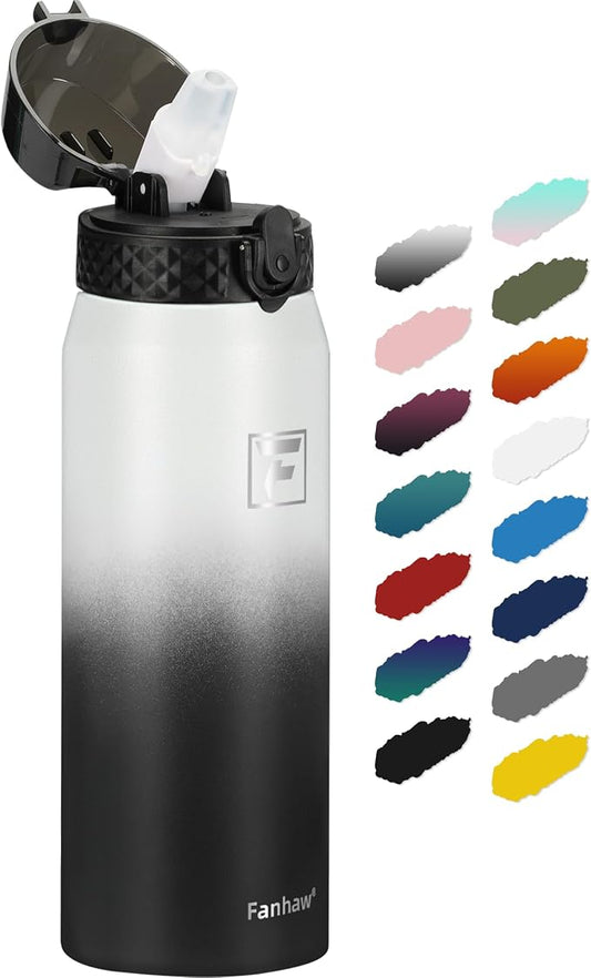 Fanhaw 24 Oz Kids Insulated Stainless Steel Water Bottle with Straw Lid, Leakproof & Anti-Dust Everyday Use Bottle for School, Women & Men, Back to School Essentials (White Black)