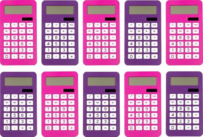 JAM PAPER Desktop Calculator - 10 Digit LCD Display - 3 3/4 x 6 3/4 Inches - Pink & Purple Combo - Bulk 10/Pack