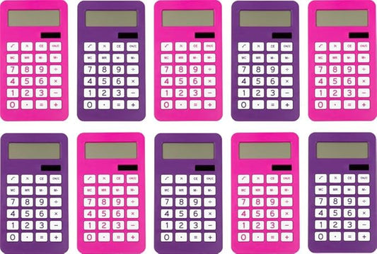 JAM PAPER Desktop Calculator - 10 Digit LCD Display - 3 3/4 x 6 3/4 Inches - Pink & Purple Combo - Bulk 10/Pack