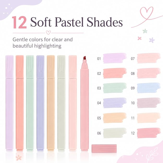 Pastel Highlighters, 12 Pack Chisel Tip Bible Highlighters No Bleed | Assorted Soft Colors for Bible Study, Journaling, Notes, School and Office Supplies, Back to School, Classroom Must Have