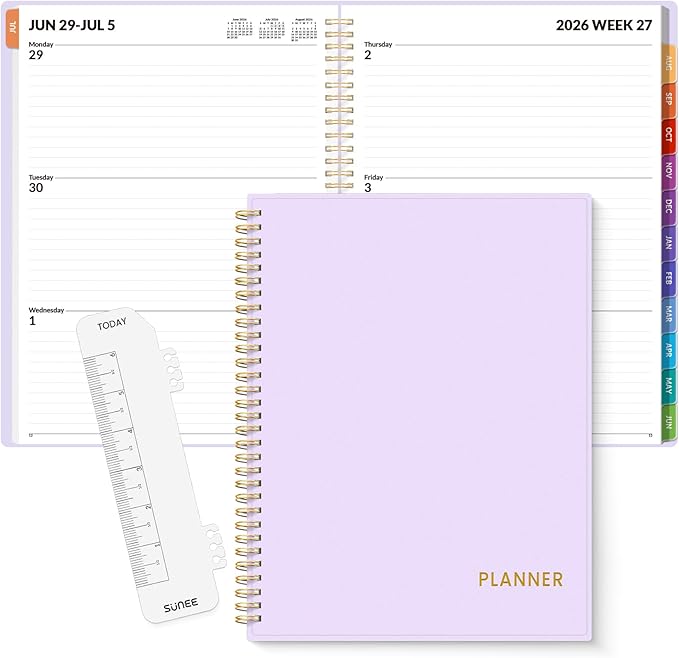SUNEE Academic Planner 2026-2027 – Weekly & Monthly Planner, July 2026 to June 2027, 8.5"x11", Thick Paper, Tabs, Pockets, Bookmark, Spiral-Bound, Student Teacher Organizer, Purple
