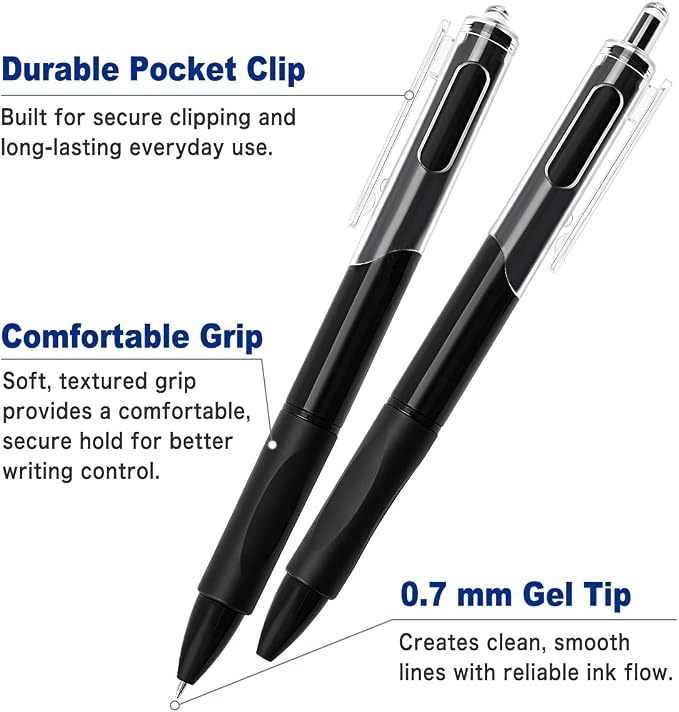100 Count Black Gel Pens Bulk, Retractable 0.7mm Medium Point Pen | Smooth Quick-Drying Ink for Back to School Supplies, Home, Classroom and Office
