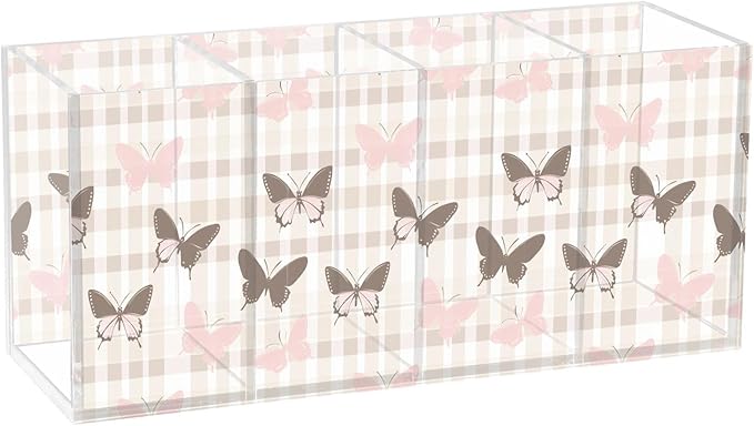 Aslsiy Butterfly (59) Pen Holder for Kids 4 Compartments Acrylic Pencil Holder Clear Makeup Brush Holder Desk Organizer Office Supplies