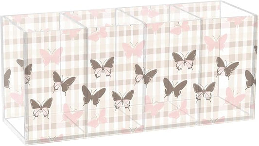 Aslsiy Butterfly (59) Pen Holder for Kids 4 Compartments Acrylic Pencil Holder Clear Makeup Brush Holder Desk Organizer Office Supplies