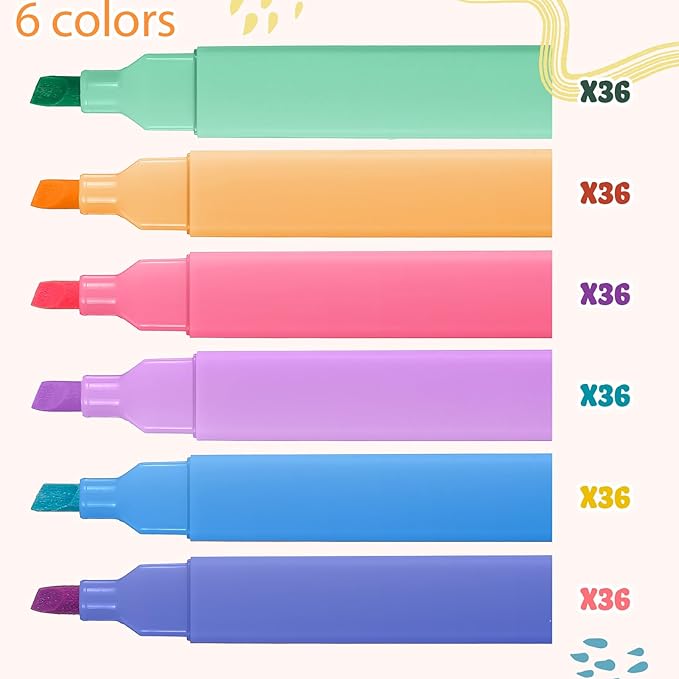 Marspark Highlighters Bulk Chisel Tip Aesthetic No Bleed Cute Color Marker Pens for Journal Planner Notes School Study Office Supplies(216 Pcs,Candy Colors)