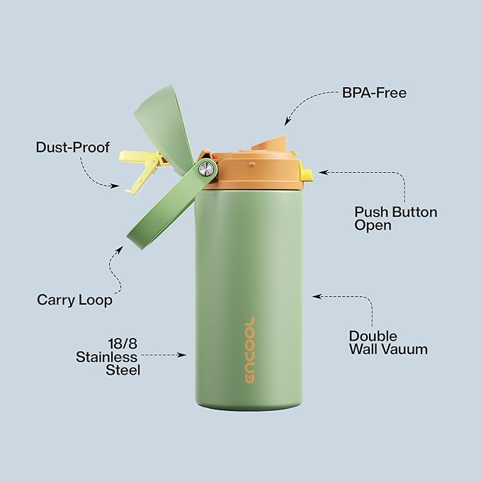 Insulated Water Bottle with Straw - Encool Stainless Steel Water Bottle with Push Button Lid, Leak-Proof & BPA-Free, Keeps Cold for 24 Hours for Sports, Travel, Gym (18 oz, Lichen-Yellow)
