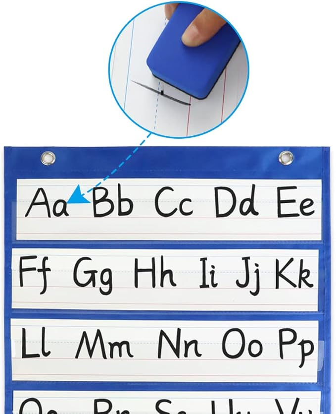 Mewise Pocket Chart with 10 Double Sided Sentence Strips, Activities, Class Demonstrations, Standards Pocket Chart, 420D Polyester, Blue