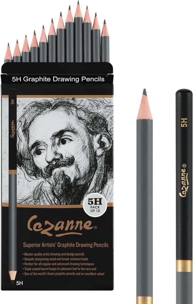 Cezanne Graphite Drawing Pencils Set - 5H, Set of 12 Break-Resistant Graphite Lead, Easy-to-Sharpen Sketch Pencils, Master Artist Quality Graphite Pencils for Technical and Artistic Drawing