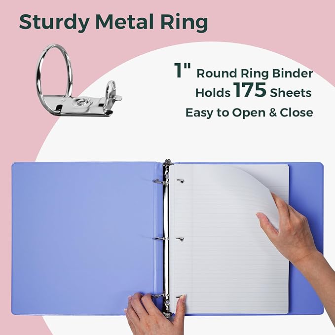 POPRUN 3 Ring Binder 1 Inch, PVC-Free, Holds 175 Sheets of 8.5 x 11 Paper, Extra Durable Organizer with 2 Pockets for School & Office, Heavy-Duty, 2 Pack, Cornflower Purple